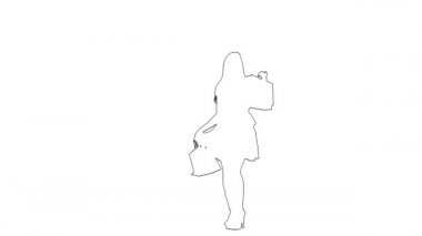 Kadının taslağı ellerinde paketlerle zarif hareketler sergiliyor. Siluet. Beyaz arkaplan