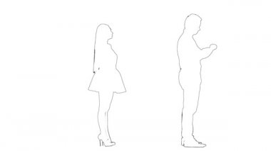 Adamın taslağı kızı bekliyor, kız geç kalıyor, ama gelip onu öpüyor. Siluet. Beyaz arkaplan