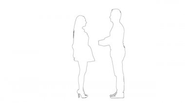 Adamın taslağı sevgili kızına bir hediye veriyor. Siluet. Beyaz arkaplan