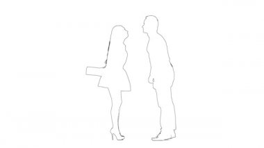 Kızın taslağı sevgili erkeğine bir hediye veriyor. Siluet. Beyaz arkaplan