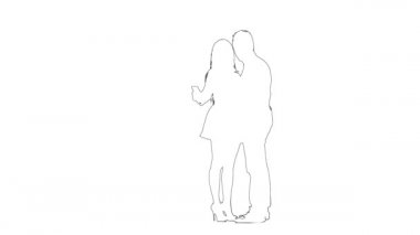 Romantik çiftin taslağı cep telefonuyla selfie çekmektir. Siluet. Beyaz arkaplan