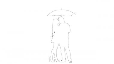 Şemsiyenin altında öpüşen çiftin taslağı. Siluet. Beyaz arkaplan