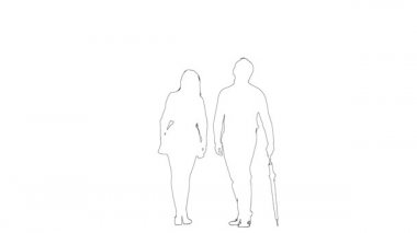 Şemsiyenin altında öpüşen çiftin taslağı. Siluet. Beyaz arkaplan