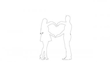 Romantik çiftin taslak çizimi elleriyle bir kalp işareti oluşturur. Siluet. Beyaz arkaplan