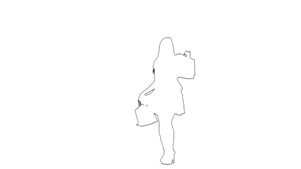 Outline schets van vrouwelijke maakt sierlijke bewegingen met pakketten in handen. Silhouet. Witte achtergrond — Stockvideo