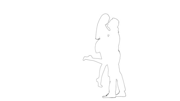 Outline sketch of guy takes the girl in his arms and kisses. Silhouette. White background — Stock Video