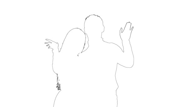 Περίγραμμα σκίτσο του πορτρέτου ρομαντικό ζευγάρι αγκαλιάζει και κουνώντας τα χέρια του σε χαιρετισμό. Σιλουέτα. Λευκό φόντο — Αρχείο Βίντεο