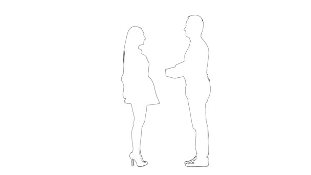 Schéma croquis du gars donne un cadeau à sa fille bien-aimée. Silhouette. Fond blanc — Video