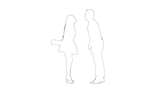 Skizze eines Mädchens macht ihrem Liebsten ein Geschenk. Silhouette. Weißer Hintergrund — Stockvideo