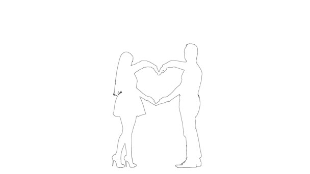 Nástin romantického páru udělat srdce znamení s rukama. Silueta. Bílé pozadí — Stock video