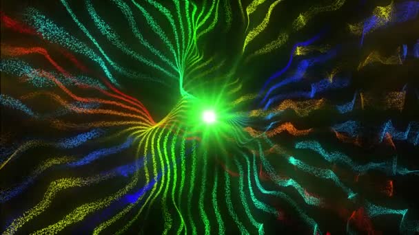 Green glitter light circle and light digital waves with multicolored particles moving looped, 3d animation, slow motion — Stock Video