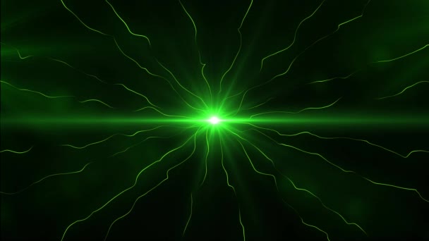 Círculo de luz brillante verde, resplandor brillante oval con el flujo de ondas de luz en el espacio formando rayos de luz — Vídeo de stock