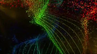 Renkli parçacıklar atomik soyut, dipsiz döngü animasyonu, siyah arkaplanda 3D görüntüleme.