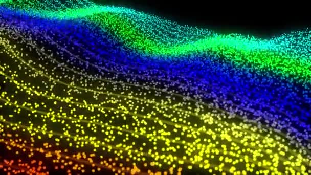 Partículas coloridas ondas atômicas abstrato animação movimento sem costura, renderização 3D em fundo preto . — Vídeo de Stock