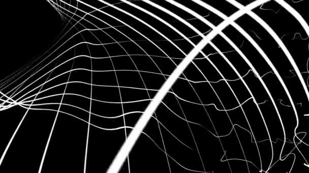 Abstrakte chaotische Bewegung, weiße Wellenlinien auf schwarzem Hintergrund. Cyber-Technologie digitale Landschaft Hintergrund. — Stockvideo