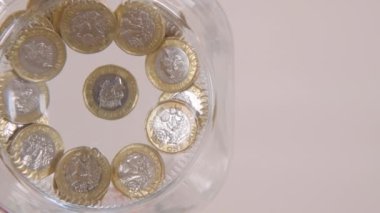Yavaş çekimde cam bir kavanoza birkaç kilo bozuk para atan birini yakından görmek.