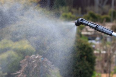 Bahçede özel bir aletle böcek ilacı sıkmak, havaya birkaç küçük damla sıçratmak.