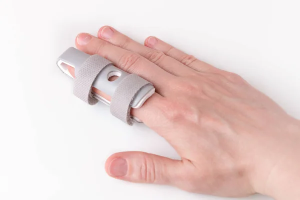 Grå Plast Tosidet Finger Splint Med Praktiske Hook Loop Stropper - Stock-foto