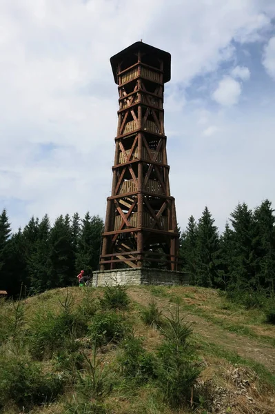 Torre de vigia de madeira Milonova perto de Velke Karlovice, República Checa — Fotografia de Stock