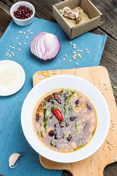 Sopa Feijão Comida Vegetariana Feijão Adzuki Com Ingredientes Cozinha Fotografia De Stock