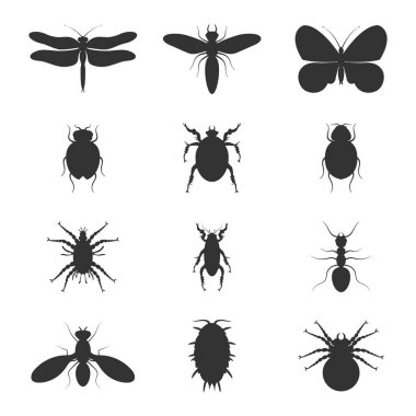 Beyaz arkaplanda izole edilmiş böcek siluetleri ile illüstrasyon