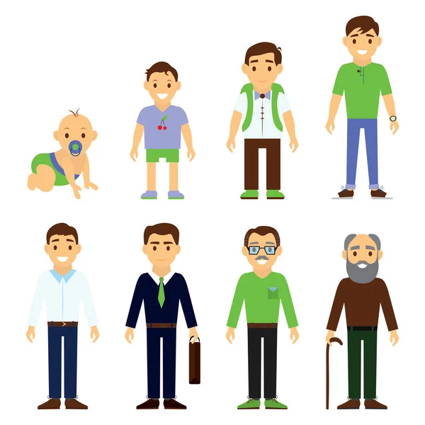 Generación de usuarios a diferentes edades. Hombre, envejecimiento - bebé, niño, adolescente, joven, adulto, anciano, aislado sobre fondo blanco - ilustración vectorial . — Vector de stock