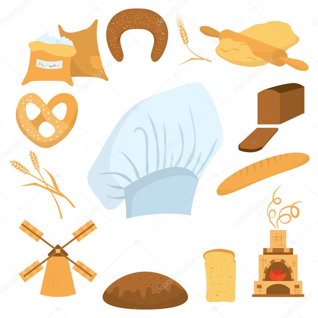 Set bread and icons isolated on white fone.