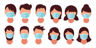 Tıbbi maske. Tıbbi koruma maskeli sağlıklı bir adam. Grip salgınında sağlığa dikkat etmek. Vektör çizimi, düz tasarım, çizgi film tarzı. İzole edilmiş arkaplan