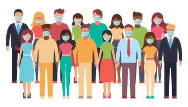 Coronavirus. Yeni Coronavirus 2019-nKoV, mavi tıbbi maskeli insanlar. Karantina koronavirüsü konsept vektör çizimi