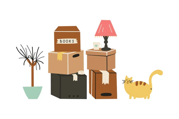 Mudándose a un nuevo hogar. La familia se mudó a un nuevo hogar. Cajas de cartón de papel con varios artículos para el hogar. Ilustración vectorial en un estilo plano — Vector de stock