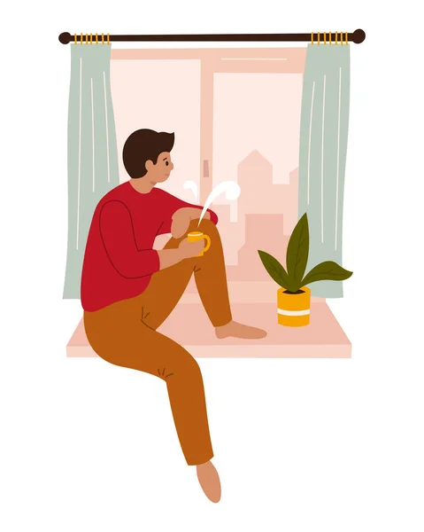 Um jovem está olhando pela janela enquanto está sentado no peitoril da janela em casa. Ilustração vetorial a cores desenhada à mão. Quarentena. Coronavírus. Meditação, beber café, chá. Fique em casa —  Vetores de Stock