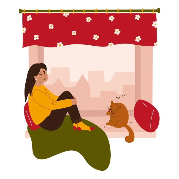 Una joven mira por la ventana, sentada en el alféizar de la ventana en casa con su gato. Ilustración vectorial dibujada a mano. Cuarentena. Coronavirus. Meditación. Quédate en casa. — Vector de stock