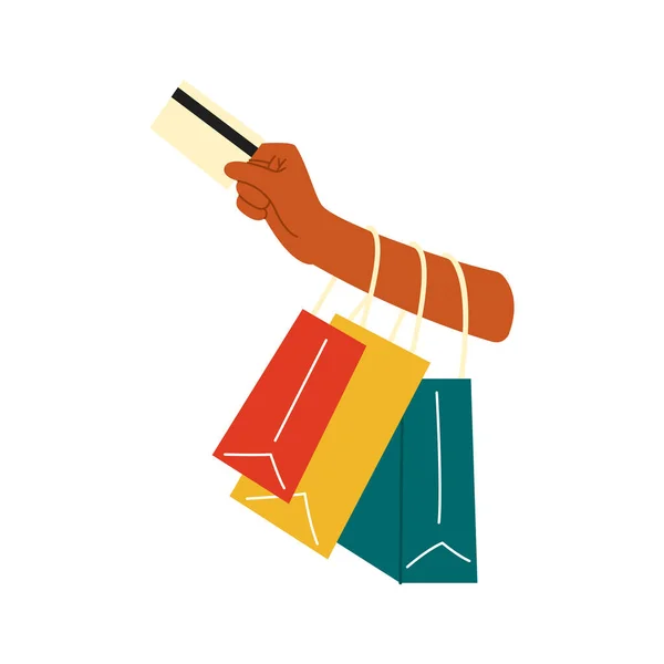 Mano femminile tiene shopping o regali. Segnale di vendita. Shopping bag, regali. Illustrazione vettoriale disegnata a mano. Shopping, sconti, concetto di vendita — Vettoriale Stock