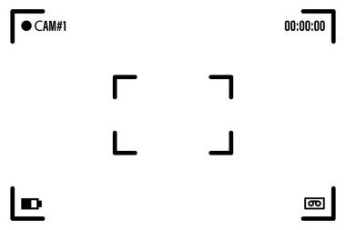 Beyaz çerçeveli, figürlü ve pil sembollü kamera ekranı. Siyah arkaplanda kamera görüntüleyicisi var. Grafik tasarımınız için vektör illüstrasyonu