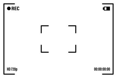Beyaz çerçeveli, figürlü ve pil sembollü kamera ekranı. Siyah arkaplanda kamera görüntüleyicisi var. Grafik tasarımınız için vektör illüstrasyonu
