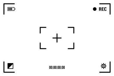 Beyaz çerçeveli, figürlü ve pil sembollü kamera ekranı. Siyah arkaplanda kamera görüntüleyicisi var. Grafik tasarımınız için vektör illüstrasyonu