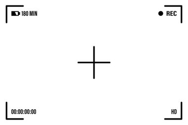 Beyaz çerçeveli, figürlü ve pil sembollü kamera ekranı. Siyah arkaplanda kamera görüntüleyicisi var. Grafik tasarımınız için vektör illüstrasyonu