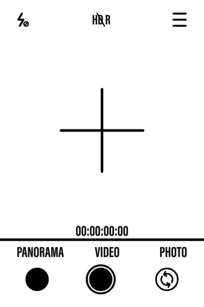 Obrazovka fotoaparátu s bílým rámem, figurami a symbolem baterie. Vyhledávač kamer na černém pozadí. Vektorová ilustrace pro grafický design — Stockový vektor