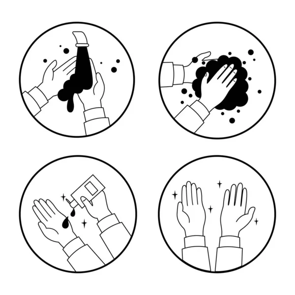 Una persona desinfecta sus manos, lava bajo el grifo, empuja las manos antisépticas y limpias. Ilustración de vectores sobre fondo blanco aislado. Conjunto de iconos. Por favor, lava tus manos, firma, icono. Coronavirus — Vector de stock