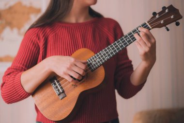 Ukulele ya da gitar çalan genç bir kız. Dört telli çalgı, akustik..