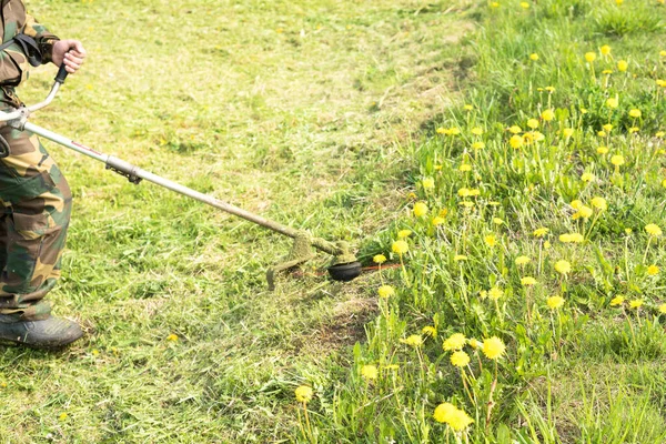 İşçi, çim biçme makinesiyle çim biçiyor. Bir adam çim biçme makinesiyle çimlere bakar..
