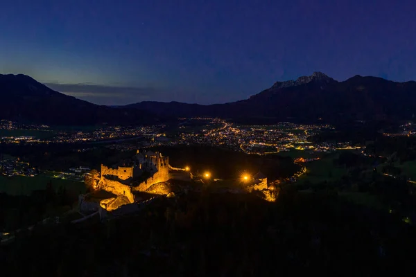 Illuminated Castle Ruin Ehrenberg Night Lightscape Reutte City — Stock Photo, Image