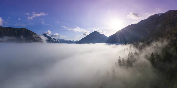 Sonnenaufgang Morgenwolken Zwischen Bäumen Der Tiroler Berge Über Dem Plansee — Stockfoto