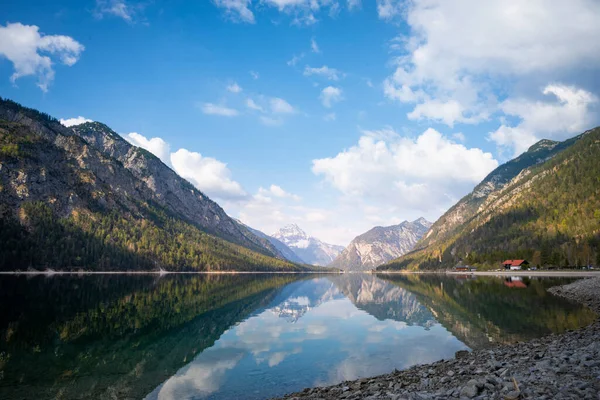 Meraviglioso Paesaggio Del Lago Plansee Con Riflessi Alberi Alpi Montagna — Foto Stock