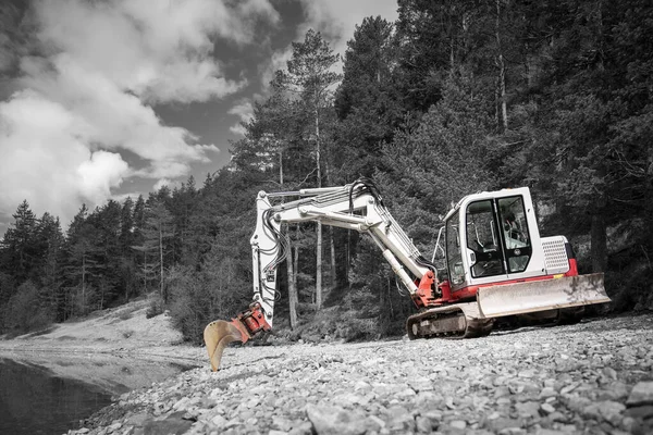 Color Key Small Bucket Excavator Gravel Shore Lake Forest Trees — Stock Photo, Image