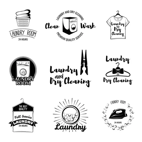 The Laundry basket. Washing Machine. A Clothes hanger. The t-shirt. Sportive T-Shirt. Case For Clothes. Iron. Dry cleaning. Labels and Badges Set. Illustration Vector — Stock Vector