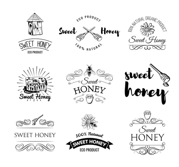 Beehive. Spoon of Honey. Flower. Honeycomb. A bee and a jar of Honey. Labels and Badges Set. Illustration Vector — Stock Vector