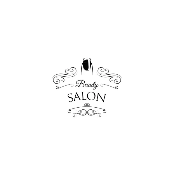 Schoonheidssalon Label. Nagel. Manicure Badge. Filigraan wervelingen en krullen decoraties vectorillustratie. — Stockvector