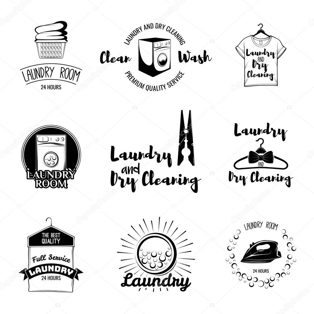 The Laundry basket. Washing Machine. A Clothes hanger. The t-shirt. Sportive T-Shirt. Case For Clothes. Iron. Dry cleaning. Labels and Badges Set. Illustration Vector