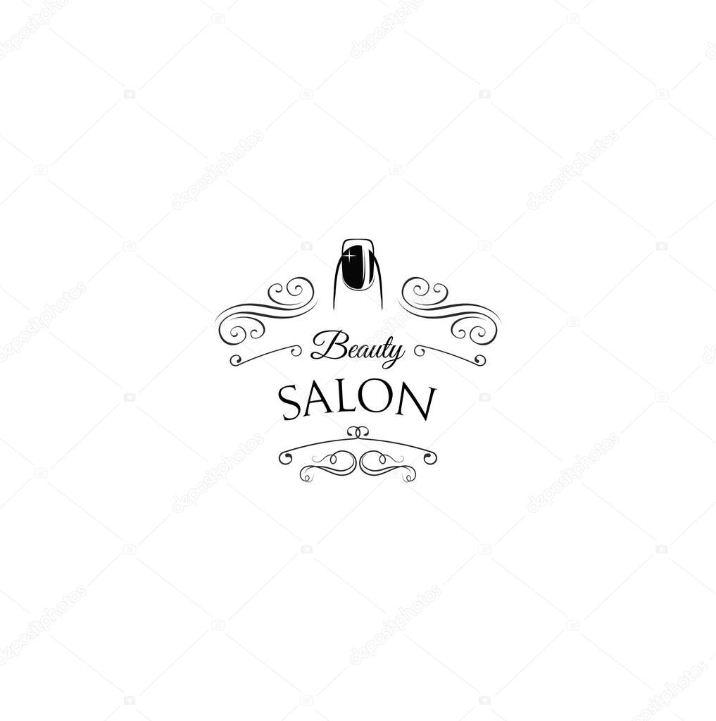 Beauty Salon Label. Nail. Manicure Badge. Filigree Swirls and Curls Decorations Vector Illustration.